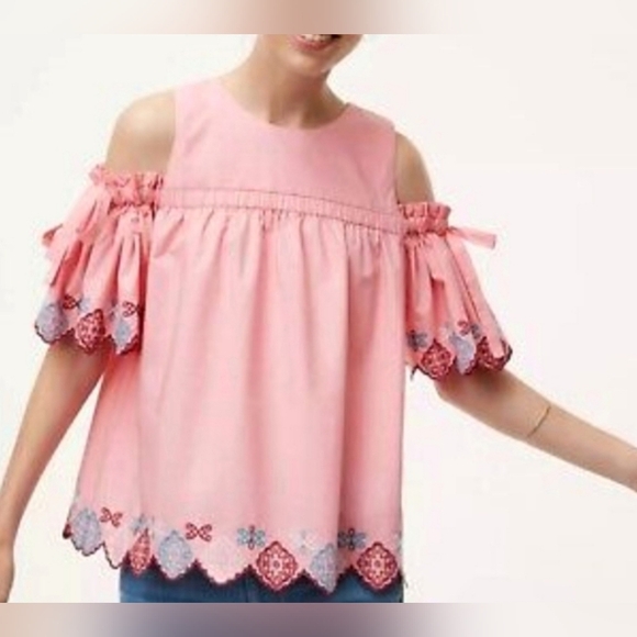 LOFT By Ann Taylor Pink Cold Shoulder Embroidered Peasant Top Size Medium - Picture 12 of 16